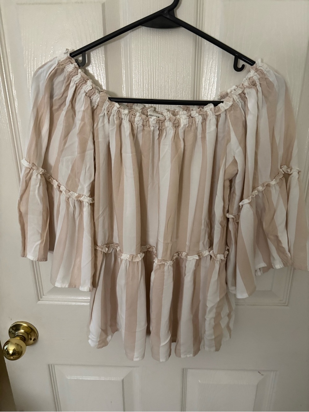 American Eagle Outfitters Beige and White Striped Off-Shoulder Blouse